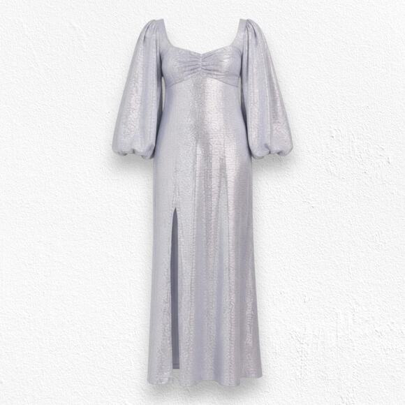 Show Me Your Mumu Lilac Shimmer Puff Sleeve USA Made Formal Midi Dress Size XS